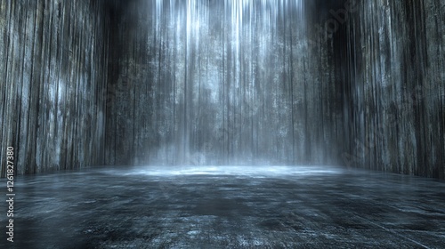 Mysterious blue light illuminates dark textured walls and floor creating dramatic atmospheric scene. AI Generated