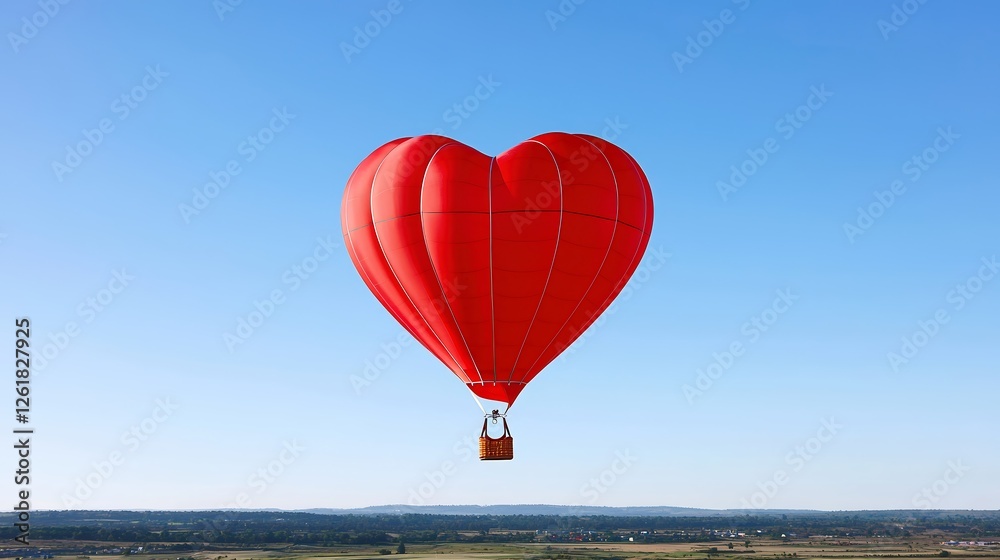 Fototapeta premium A heart-shaped balloon soaring high above a picturesque landscape, contrasting with the vibrant blue sky, symbolizing freedom and romance in a visually captivating way.