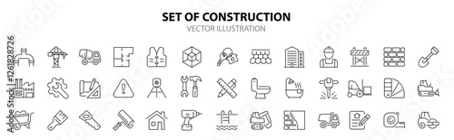 Construction set of web icons in line style. Building and construction icons for web and mobile app. Home repair, crane, building, tools, land, excavator, contractor, builders. Vector illustration