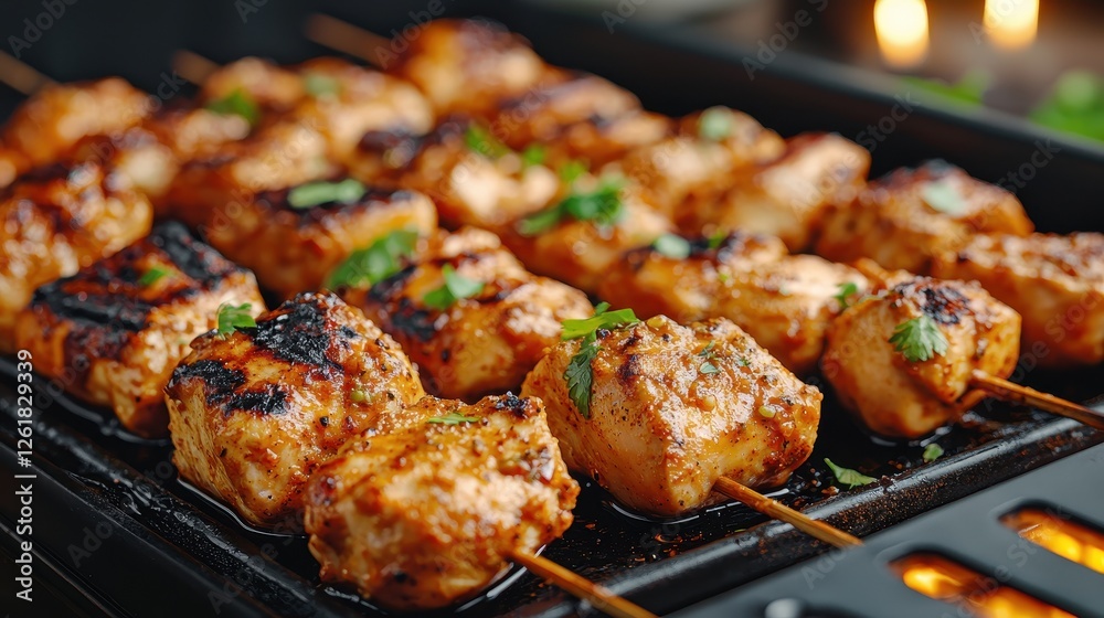 Grilled chicken skewers garnished with herbs, sizzling on a barbecue, showcasing a delicious and appetizing dish perfect for gatherings. Grilled chicken skewers garnished with herbs, sizzling on a barbecue, showcasing a delicious and appetizing dish perfect for gatherings.