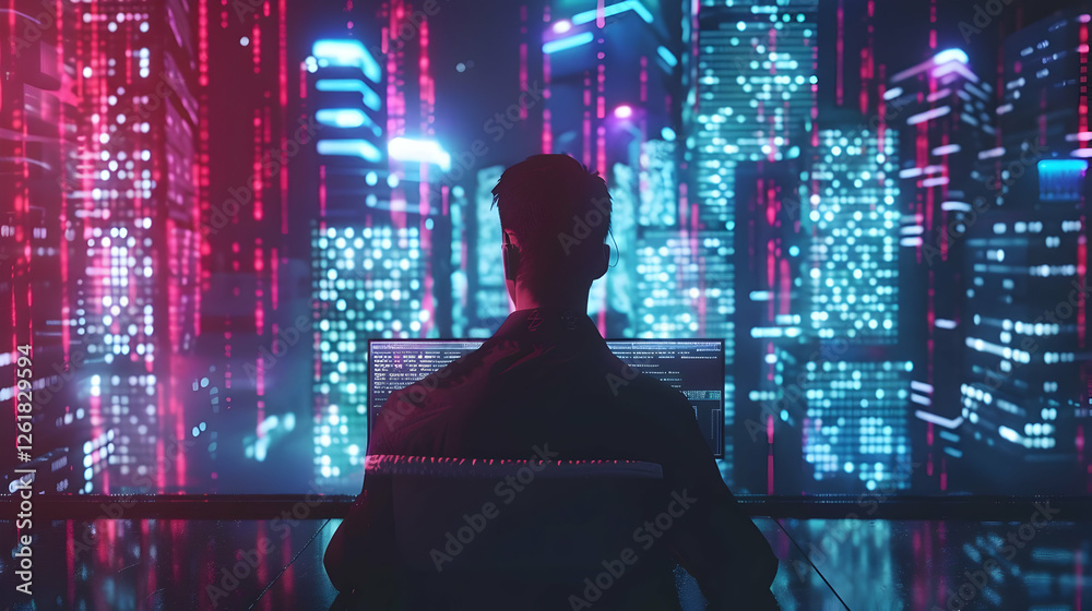 Individual programming in a futuristic cityscape with vibrant neon lights Individual programming in a futuristic cityscape with vibrant neon lights