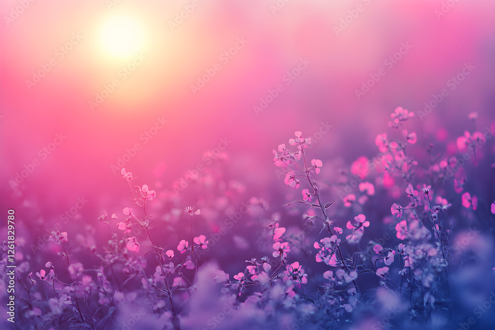 Naklejka premium Ethereal Magenta Fieldscape: Capturing Nature's Splendor in a Dreamlike Dance of Color and Light at Dusk