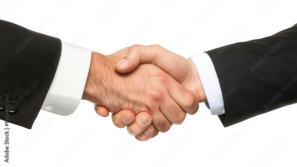 Two hands engaged in a handshake, symbolizing agreement, partnership, or collaboration, against a plain white background. Two hands engaged in a handshake, symbolizing agreement, partnership, or collaboration, against a plain white background.