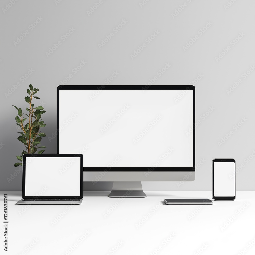 desktop computer setup with a laptop, a desktop monitor, a tablet, and a smartphone. All three devices are placed on a white surface with a gray background. 2 desktop computer setup with a laptop, a desktop monitor, a tablet, and a smartphone. All three devices are placed on a white surface with a gray background. 2