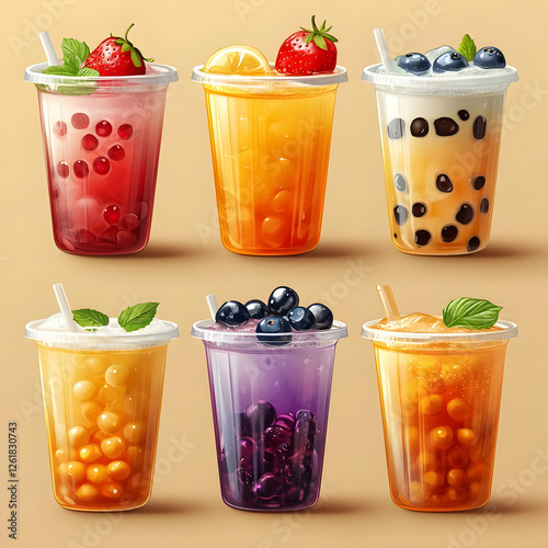 Refreshing Fruit Bubble Tea Summer Drinks Illustration photo