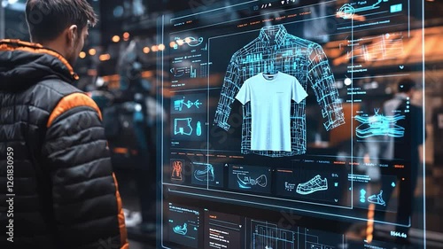 Wallpaper Mural Interactive Shopping Experience: A man browses a digital display showcasing a virtual garment, embracing the future of retail with immersive technology and interactive shopping. Torontodigital.ca