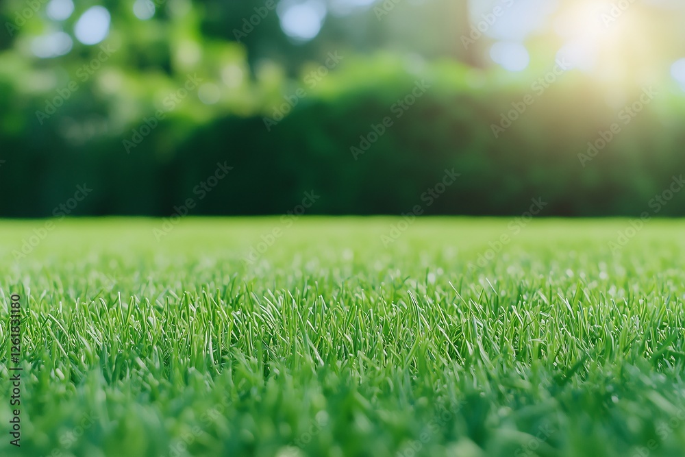 Naklejka premium Fresh green grass lawn in sunlight, perfect for garden, landscaping, nature, and outdoor themes. Ideal for backgrounds, eco projects, and summer vibes