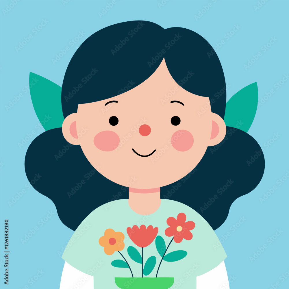 Cute girl with bouquet of flowers. Happy child with a bunch of flowers. Organic nature plant, jolly child face, vector. Cute girl with bouquet of flowers. Happy child with a bunch of flowers. Organic nature plant, jolly child face, vector.