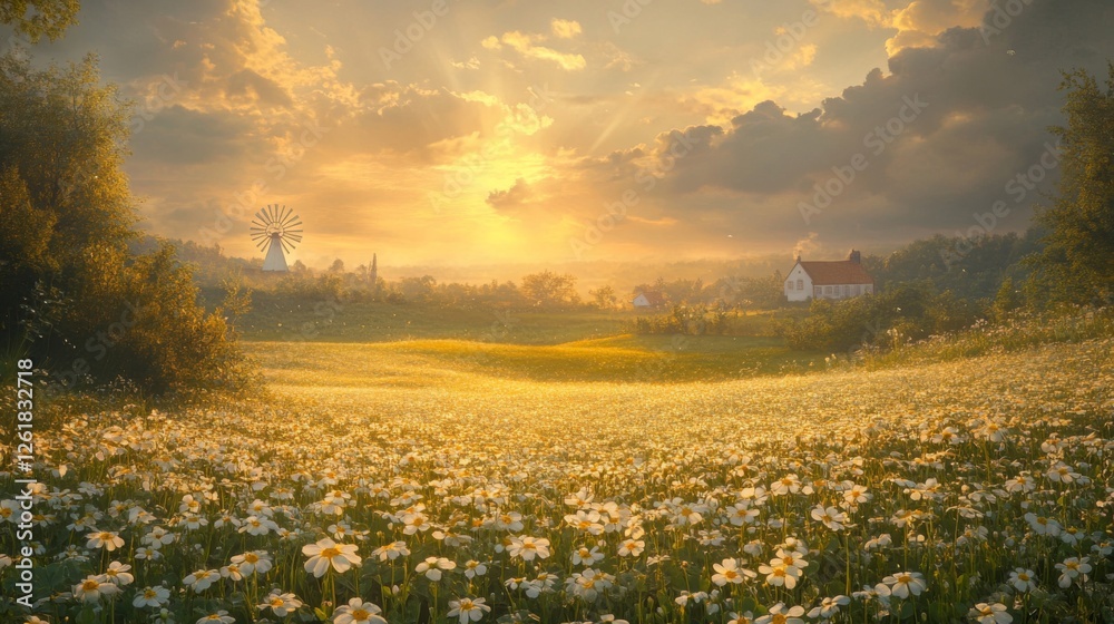 Obraz premium Golden Sunset Over Daisy Field With Windmill And Houses