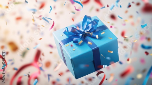 A Festive Surprise: Blue Gift Box Amidst Falling Confetti