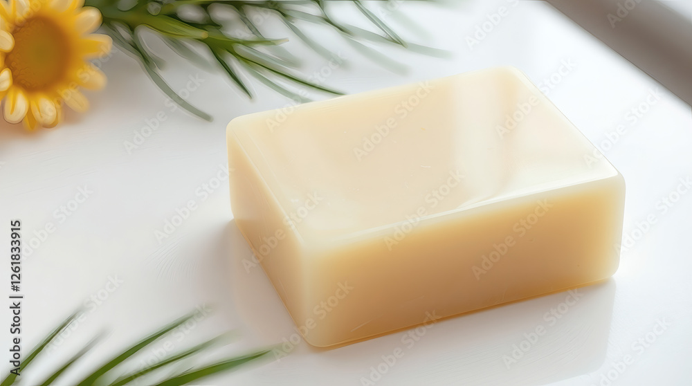 Natural handcrafted soap placed on a white surface beside fresh greenery and a bright flower during daylight Natural handcrafted soap placed on a white surface beside fresh greenery and a bright flower during daylight