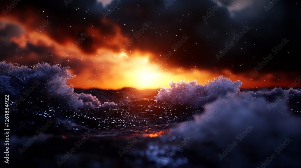 Fototapeta premium Ocean Waves at Sunset with Orange Sky and Dark Storm Clouds