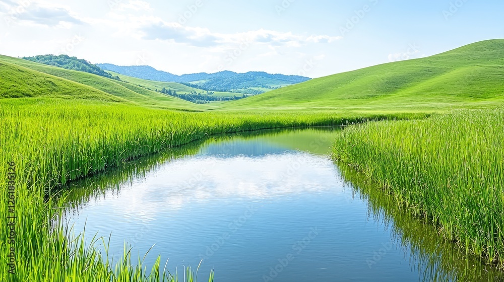 Obraz premium Serene mountain valley stream, lush green meadows, sunny day, nature background, ideal for travel brochures