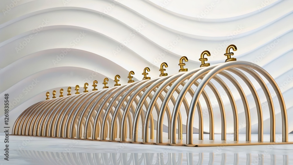 Naklejka premium Modern Architectural Design with Curved Structure and Currency Symbol Display