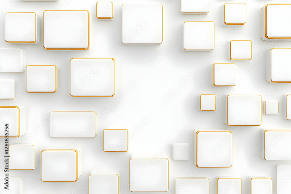 Floating white cubes with gold border in center; clean, simple background for text. Generative AI Floating white cubes with gold border in center; clean, simple background for text. Generative AI