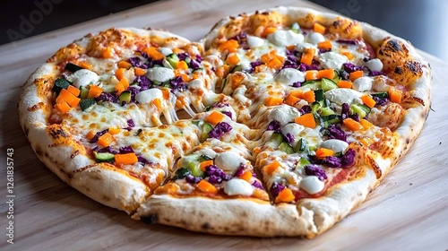 A freshly baked heart-shaped pizza featuring a medley of colorful vegetables and an oozy cheese pull, capturing the essence of a delightful and fun date night experience,