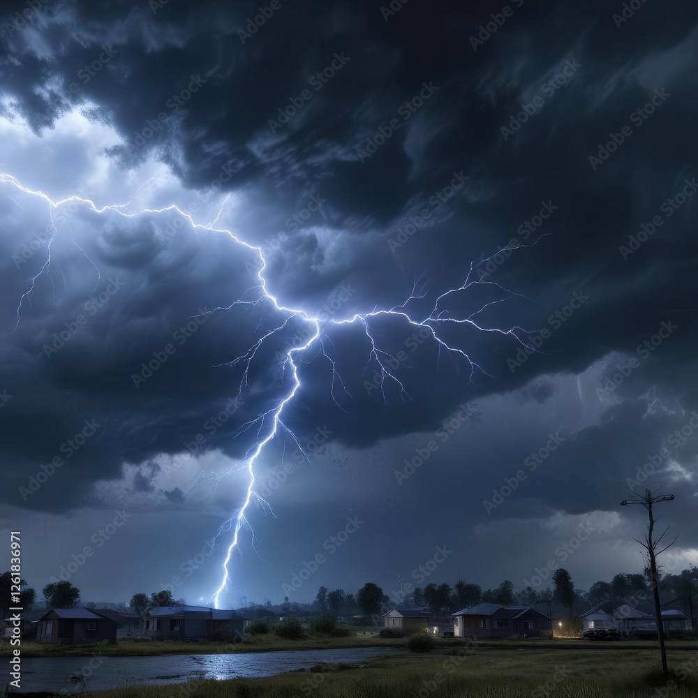 Electric blue lightning bolt in the sky during a thunderstorm, electrical discharge, thunderstorm, stormy sky Electric blue lightning bolt in the sky during a thunderstorm, electrical discharge, thunderstorm, stormy sky