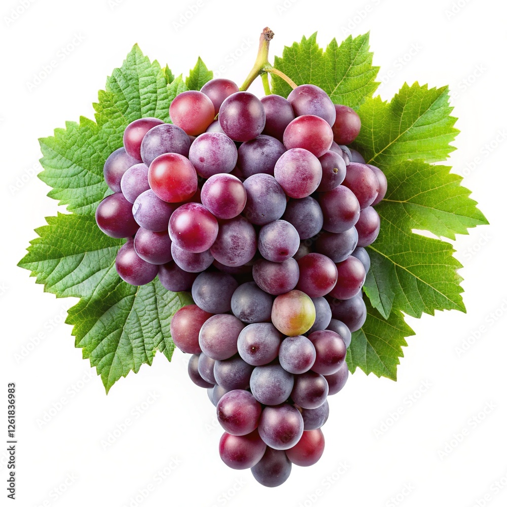 Obraz premium Fresh Red Grapes with Green Leaves - A vibrant bunch of fresh red grapes surrounded by green leaves, highlighting their natural ripeness and vibrant color.