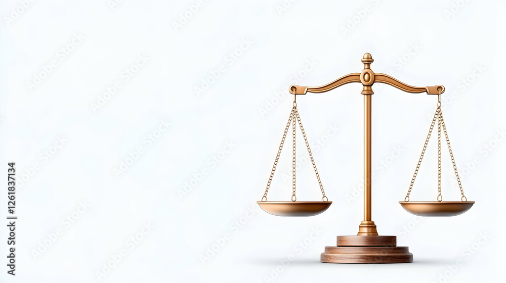 Golden scales of justice symbolize law, fairness, and equality on white. Generative AI
