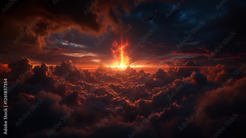 Fototapeta premium Orange Sunset Sky Above Dense White Clouds with Dramatic Glowing Light