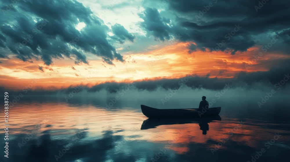 Silhouette of a man in a rowboat on a foggy lake during sunset. The clouds are a fiery orange. Silhouette of a man in a rowboat on a foggy lake during sunset. The clouds are a fiery orange.