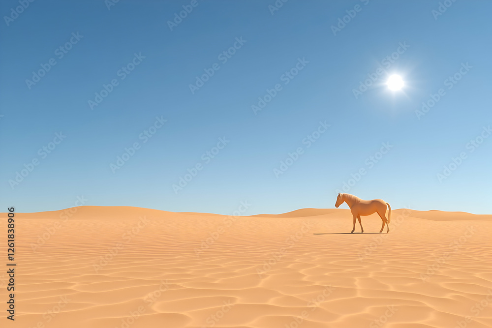 Horse standing in the hot desert sand with a bright sun, background. Stock image. Generative AI Horse standing in the hot desert sand with a bright sun, background. Stock image. Generative AI