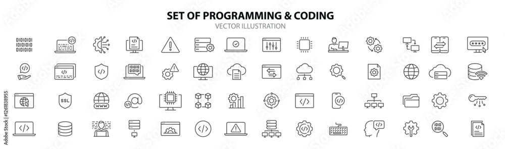 Set of Programming and coding web icons in line style. Information technology, developer, idea, advertising, app, archive, collection. Vector illustration. Set of Programming and coding web icons in line style. Information technology, developer, idea, advertising, app, archive, collection. Vector illustration.