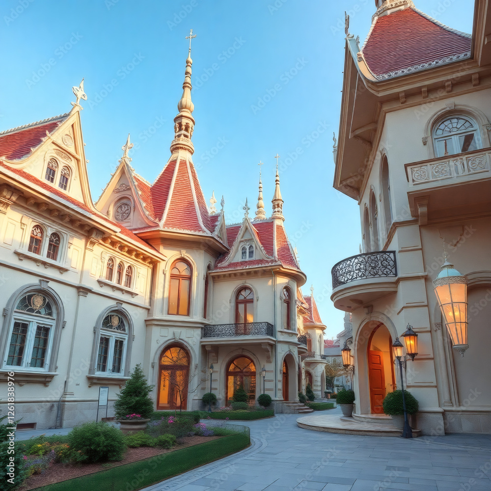 Fototapeta premium Impressive architectural design of ornate buildings in a well-kept garden under a clear blue sky