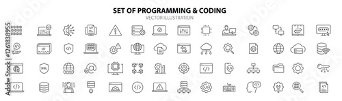 Set of Programming and coding web icons in line style. Information technology, developer, idea, advertising, app, archive, collection. Vector illustration.
