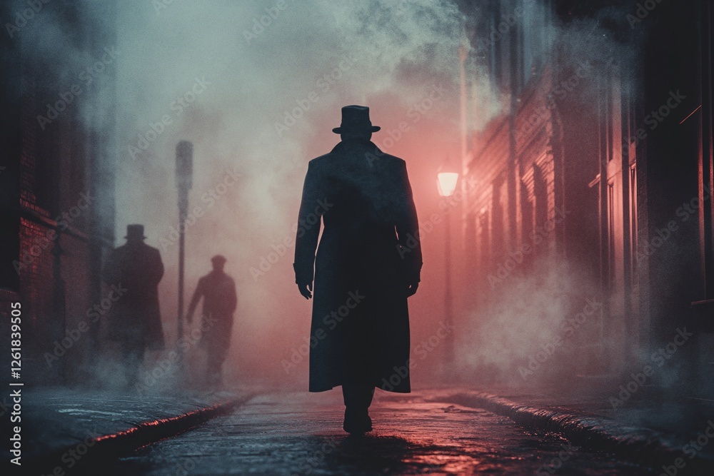 Mysterious Figure Walking Foggy City Street at Night Mysterious Figure Walking Foggy City Street at Night