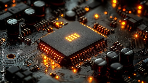 Illuminated CPU on circuit board, technology background, for tech articles