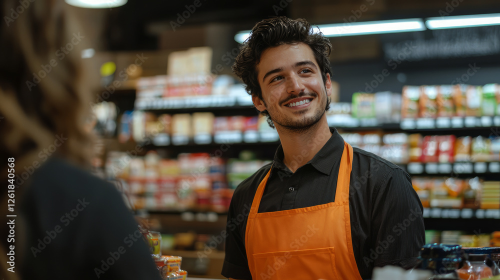 Fototapeta premium An attractive young man working in the retail store, wearing an orange apron, generative AI