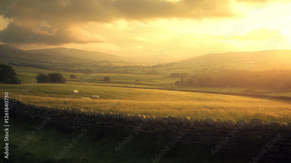 Obraz premium Golden Sunset Over Rolling Hills With Sheep Grazing