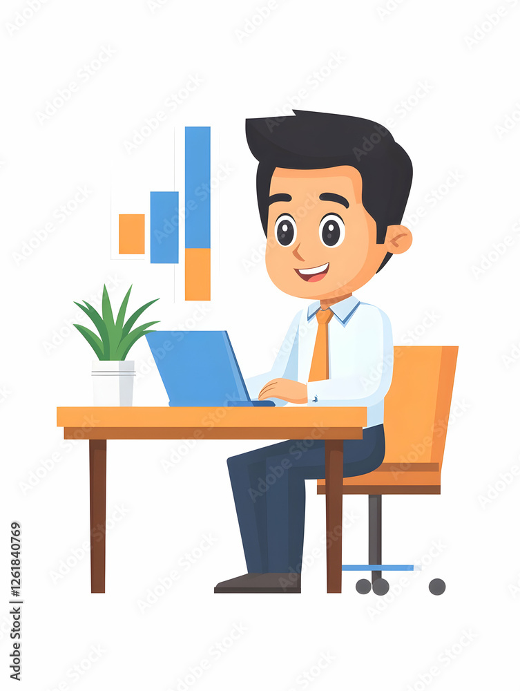 Man works at desk using computer. Plant and growth graph in office background. Generative AI Man works at desk using computer. Plant and growth graph in office background. Generative AI