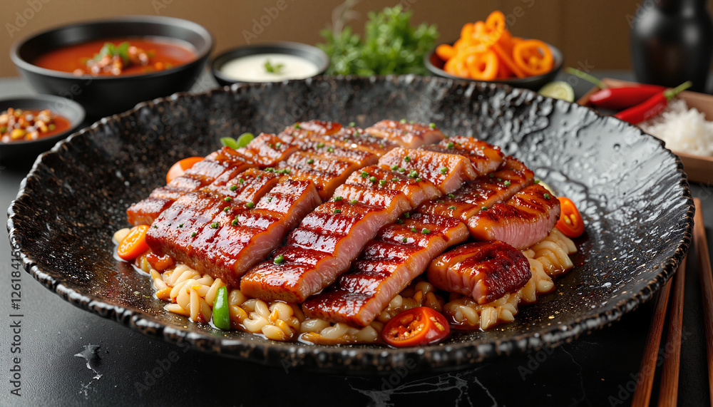 Artistic display of perfectly cooked samgyeopsal on vibrant plate, culinary excellence Artistic display of perfectly cooked samgyeopsal on vibrant plate, culinary excellence