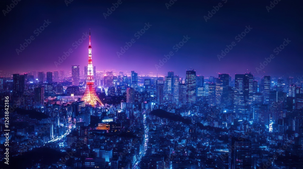 Fototapeta premium Tokyo City by Night, Anime and Manga drawing illustration, city views, magenta, purple, neon