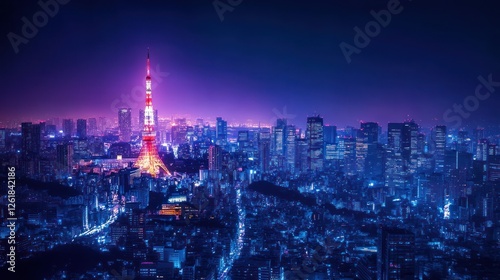 Wallpaper Mural Tokyo City by Night, Anime and Manga drawing illustration, city views, magenta, purple, neon Torontodigital.ca