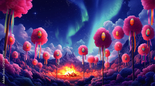 Surreal Pink Fantasy Landscape With Aurora Borealis and Flaming Fire, Vibrant Trees with Eggs and Ribbons, Vector Art for Creative Decor and Digital Prints