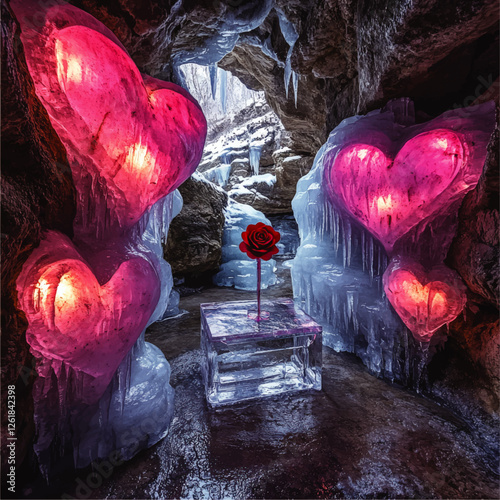 Captivating Vector Art of Romantic Ice Cave with Glowing Heart-Shaped Ice Formations and Red Rose on Ice Pedestal – Perfect for Valentine's and Winter Themes