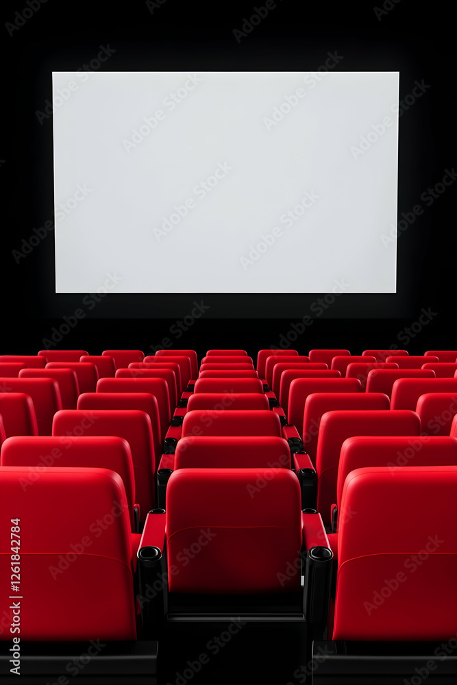 Movie theater with empty red seats and blank screen for advertising or presentation. Generative AI Movie theater with empty red seats and blank screen for advertising or presentation. Generative AI