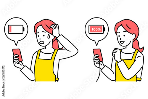 スマートフォンの充電　エプロン姿の女性　セット