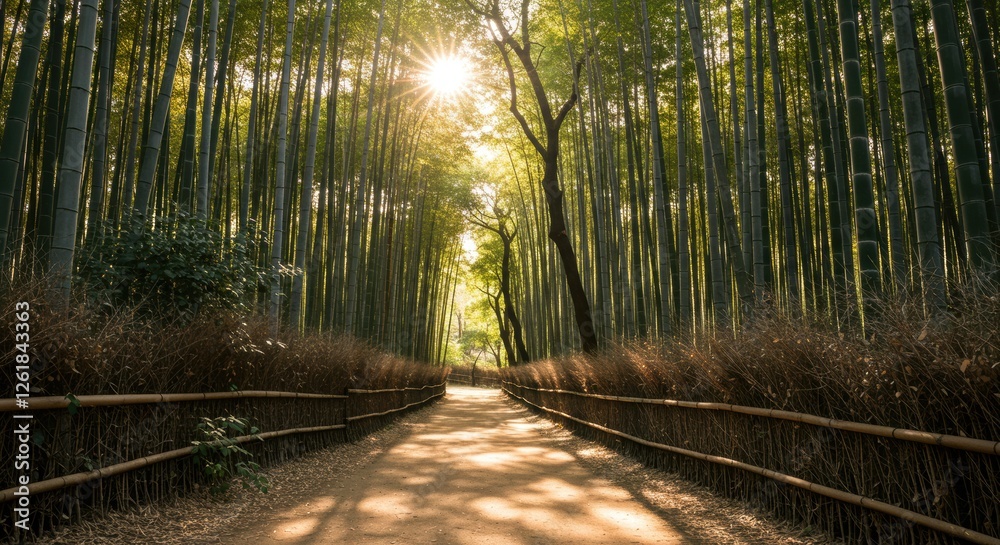 Naklejka premium A peaceful path surrounded by bamboo trees with soft sunlight shining through the gaps between the bamboo.