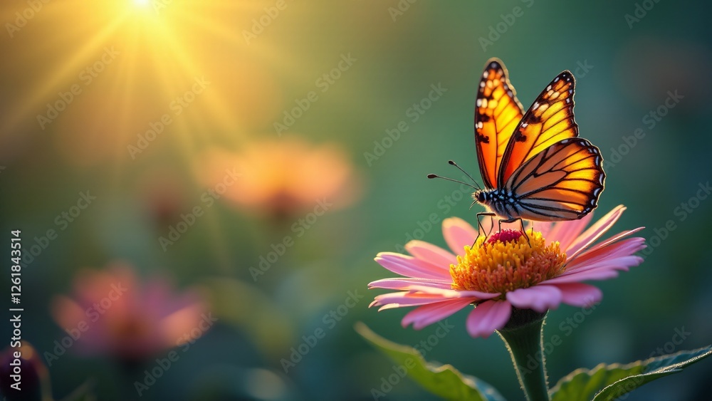 Obraz premium A butterfly resting on a flower creates a delicate and enchanting atmosphere. The vibrant flower and magical butterfly celebrate the harmony between insects and flowers and the interconnectedness of n