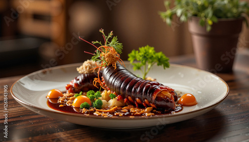 Gourmet witchetty grub presentation on rustic plate, culinary artistry photo