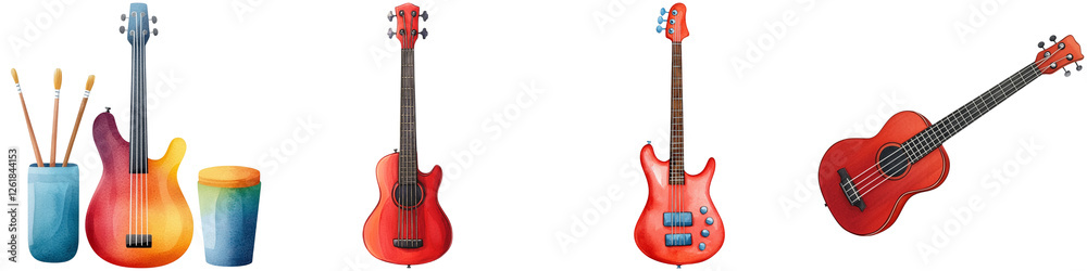 Naklejka premium Concerts performance and visuals watercolor, A vibrant collection of colorful guitars showcasing unique shapes and designs, emphasizing artistic expression and musical creativity.