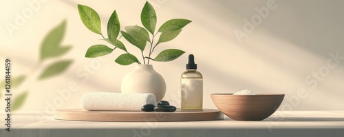 Serene spa setting oil, towel, stones, and plants; sunlit background