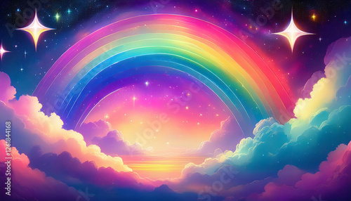 Fantasy rainbow background with clouds and stars