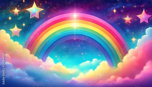 Fantasy rainbow background with clouds and stars