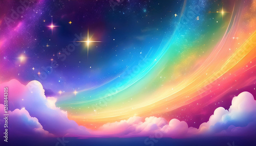 Fantasy rainbow background with clouds and stars