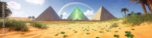 Stunning Vector Image of Egyptian Desert with Pyramids, Rainbow, Shamrocks, Palm Trees, and Lush Vegetation for a Unique Blend of History and Nature